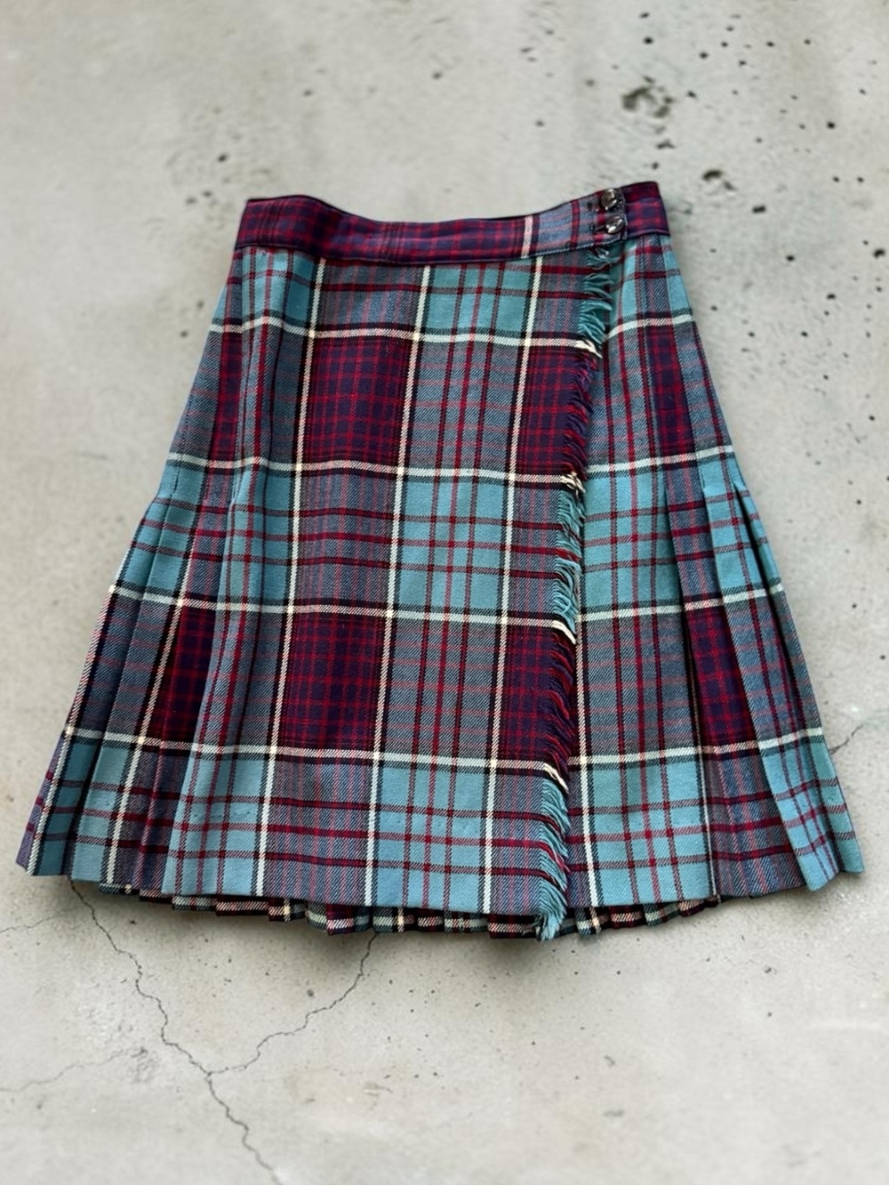 Vtg Pure Wool Tartan Blue Red Wrap Kilt Skirt Sz 28” Made England Pleats Fringe